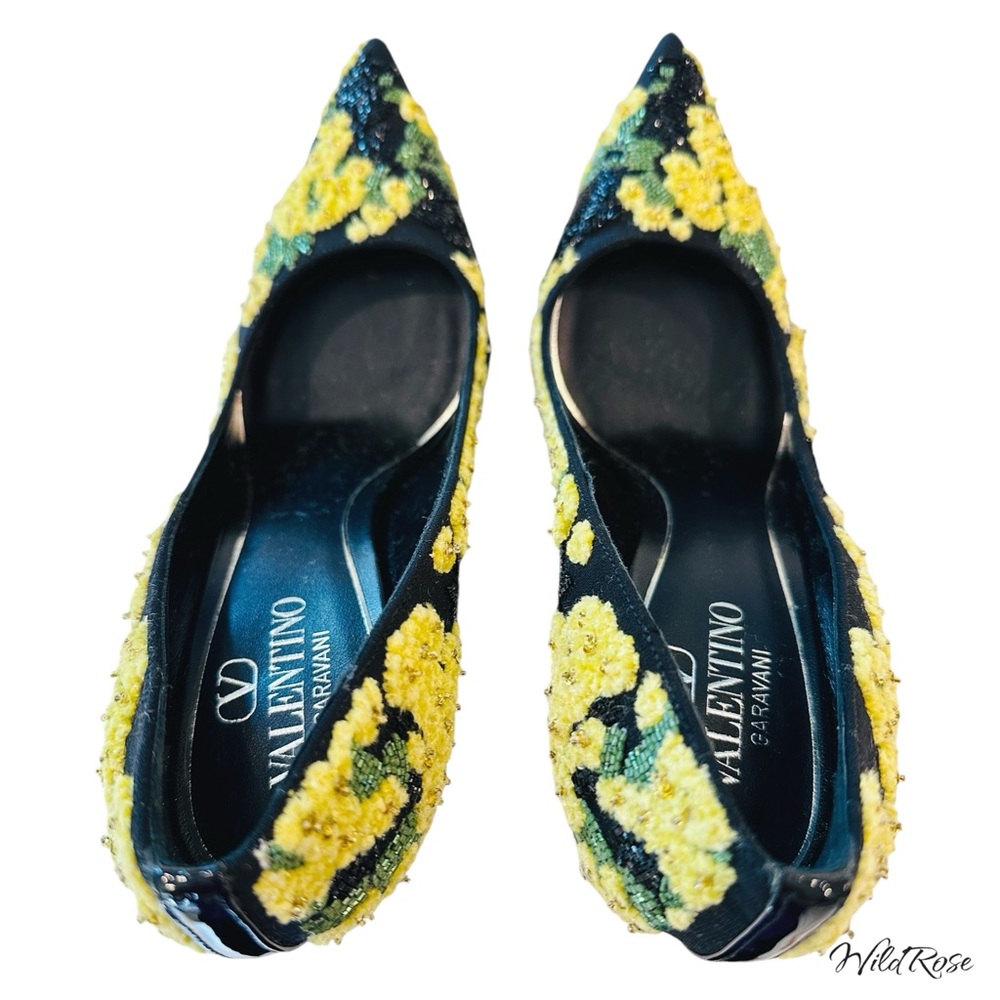 VALENTINO GARAVANI Floral Yellow Green Black Beaded & Embroidered Heels SZ 37 - Picture 13 of 17